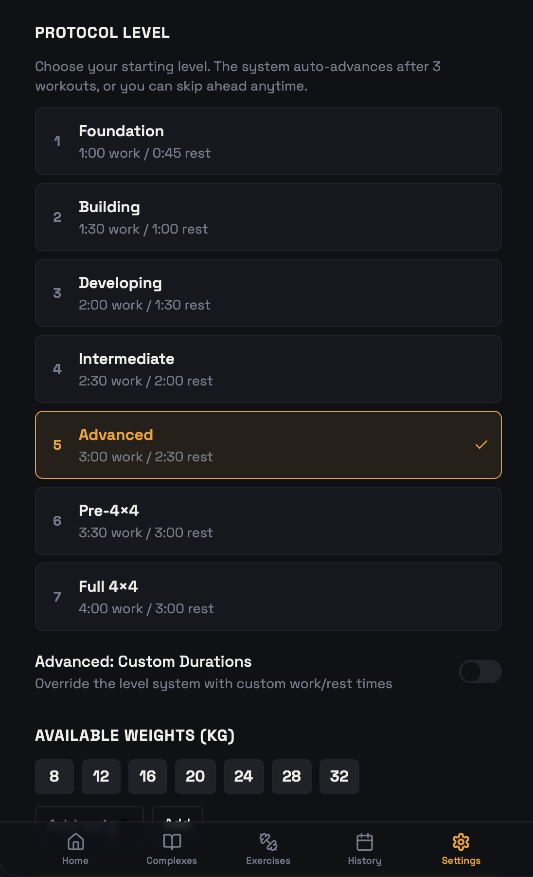Stronger protocol settings showing 7 progressive levels