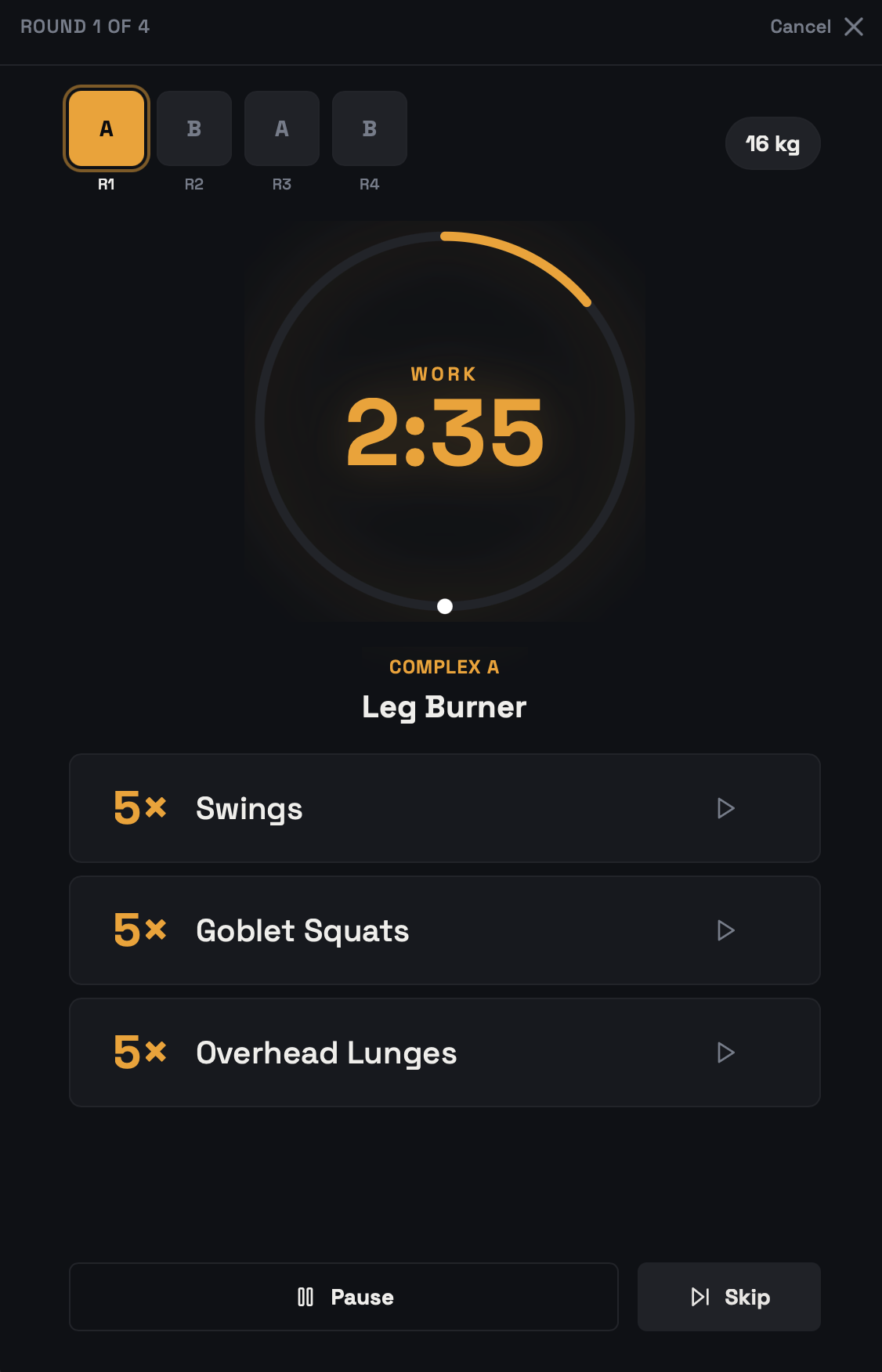 Stronger workout timer showing a kettlebell complex in progress